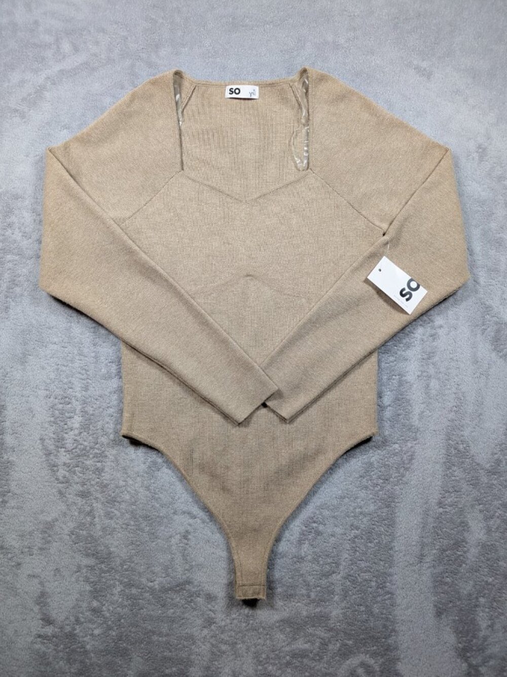 SO Sweater Bodysuit Juniors Size XL Beige Long Sleeve Snap Closure Soft V Neck